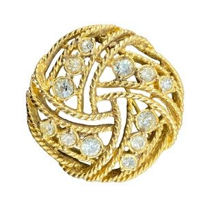 Vintage Woven Gold Tone Round Brooch w/ Clear Rhinestones- 1 3/8” diameter